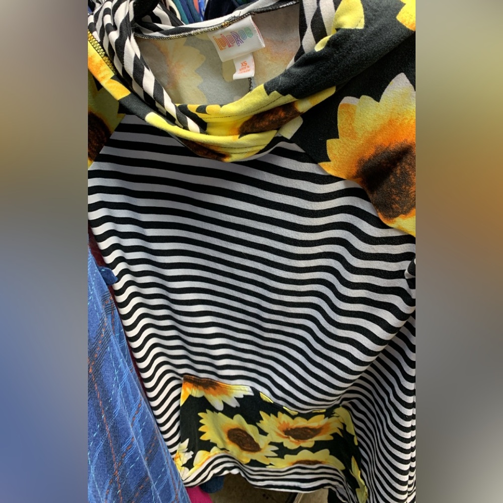 LuLaRoe Black and White Striped Hoodie with Sunflower Accents